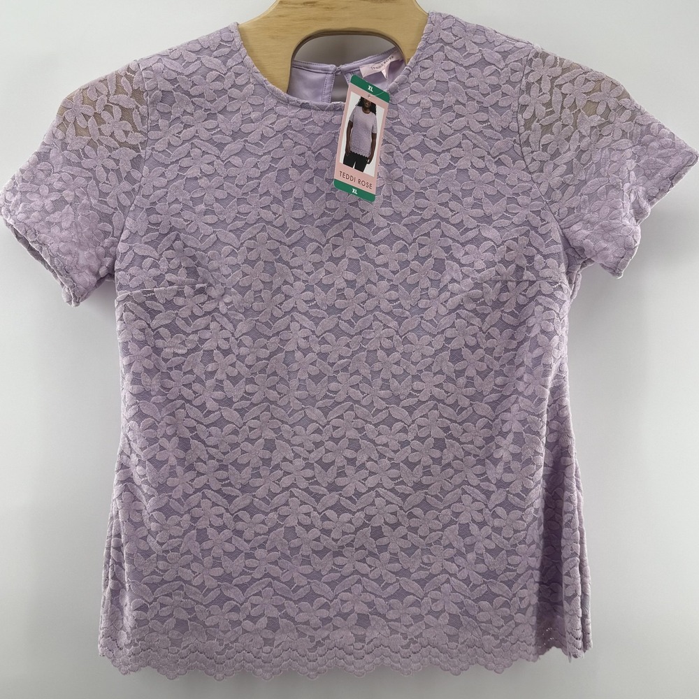Teddi Rose Shirt Womens XL Lace Floral Short Sleeve Scallop Edge Blouse Top